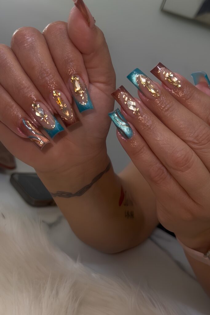 Teal Chrome Coffin Nails with Gold Details