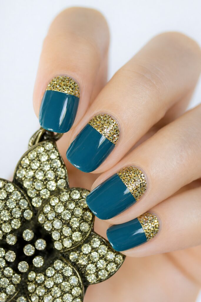 Teal Glitter Half‑Moon Nails