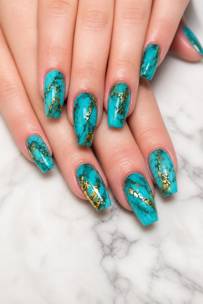 Teal Marble Coffin Nails with Gold Foil