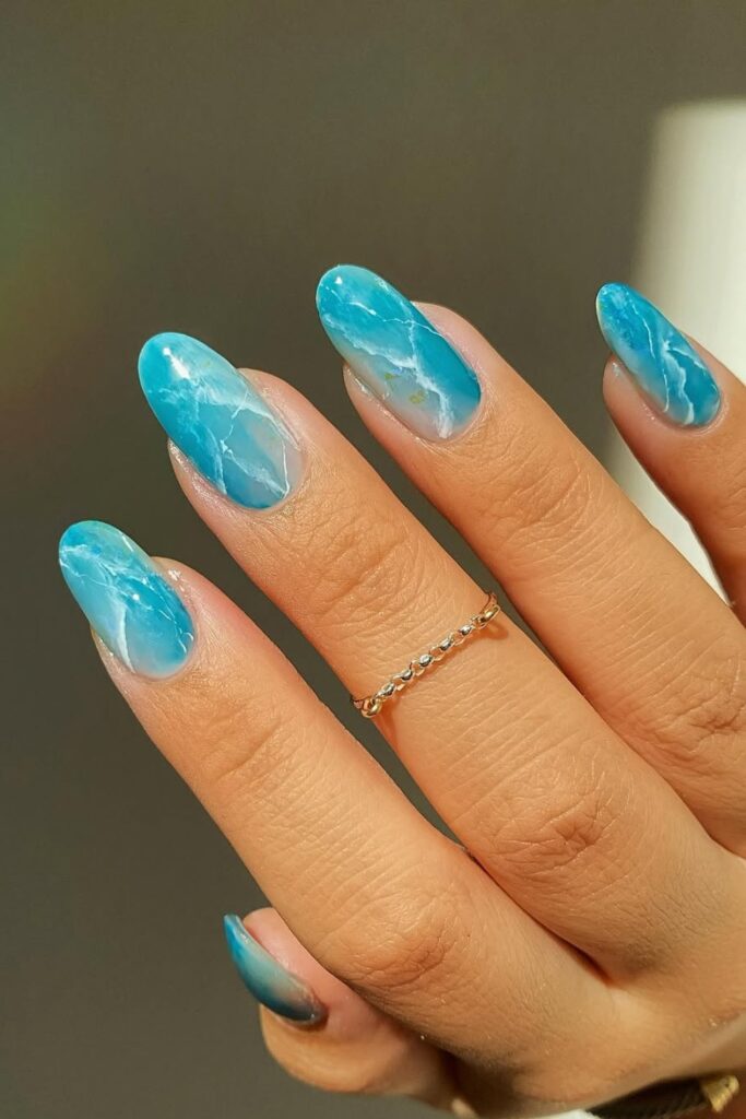 Teal Marble Ombré Almond Nails