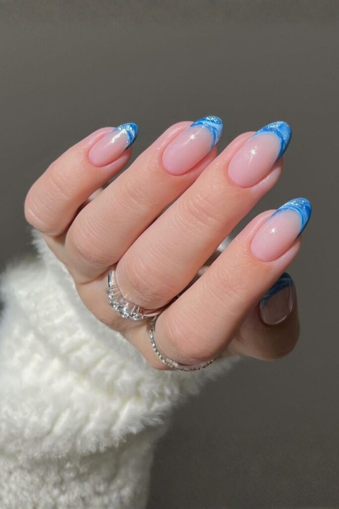 Teal Marble Tips on Short Rounded Nails