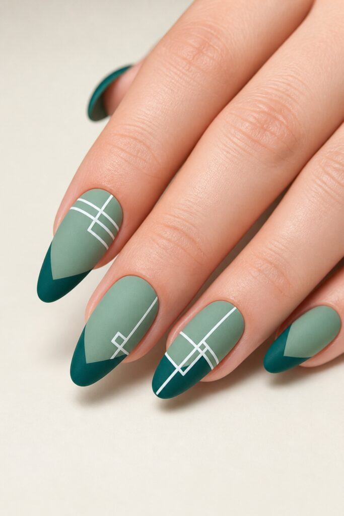 Teal Minimalist Line Art Almond Nails