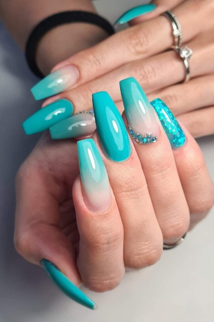 Teal Ombré Coffin Nails with Negative Space