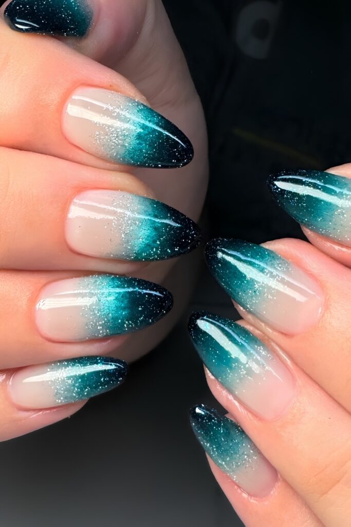 Teal Ombré Gradient Almond Nails