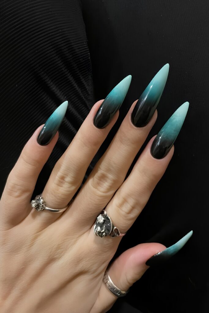 Teal Ombré Stiletto Nails with Glitter