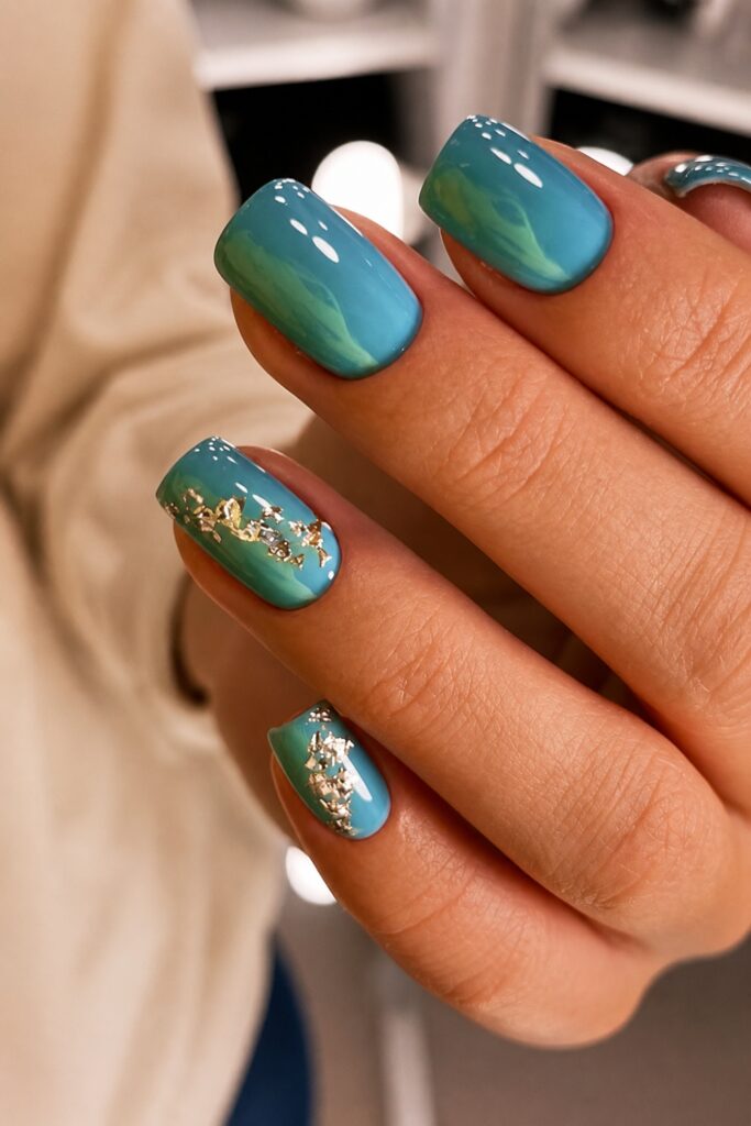 Teal and Gold Foil Accent Nails
