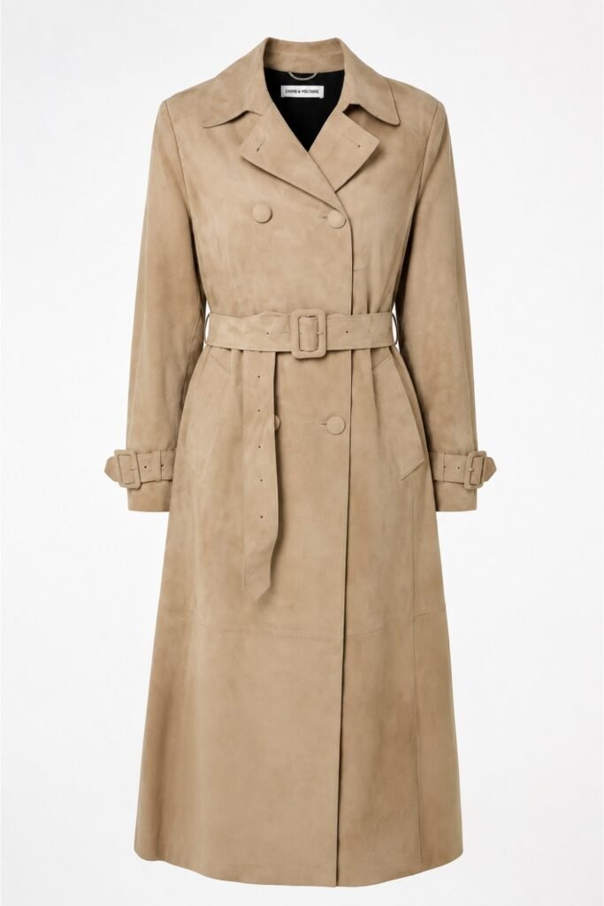 Belted tan suede trench coat shown on a plain background