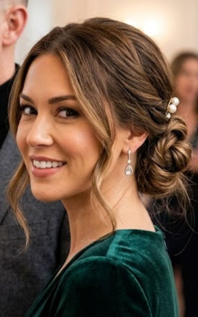 Side view of a twisted low chignon with loose face-framing pieces