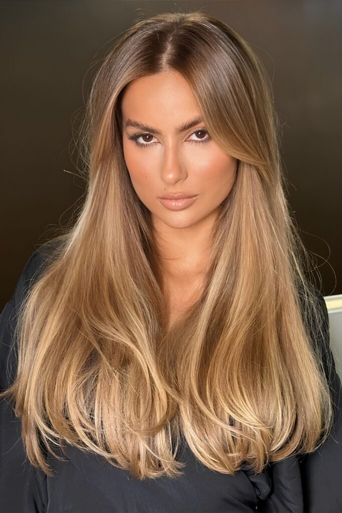 Straight warm beige blonde hair with caramel depth