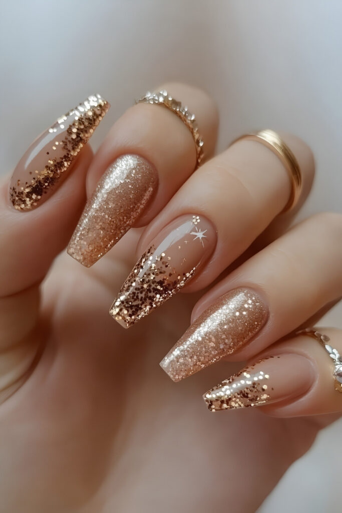 Warm Nude nails With Gold Lines