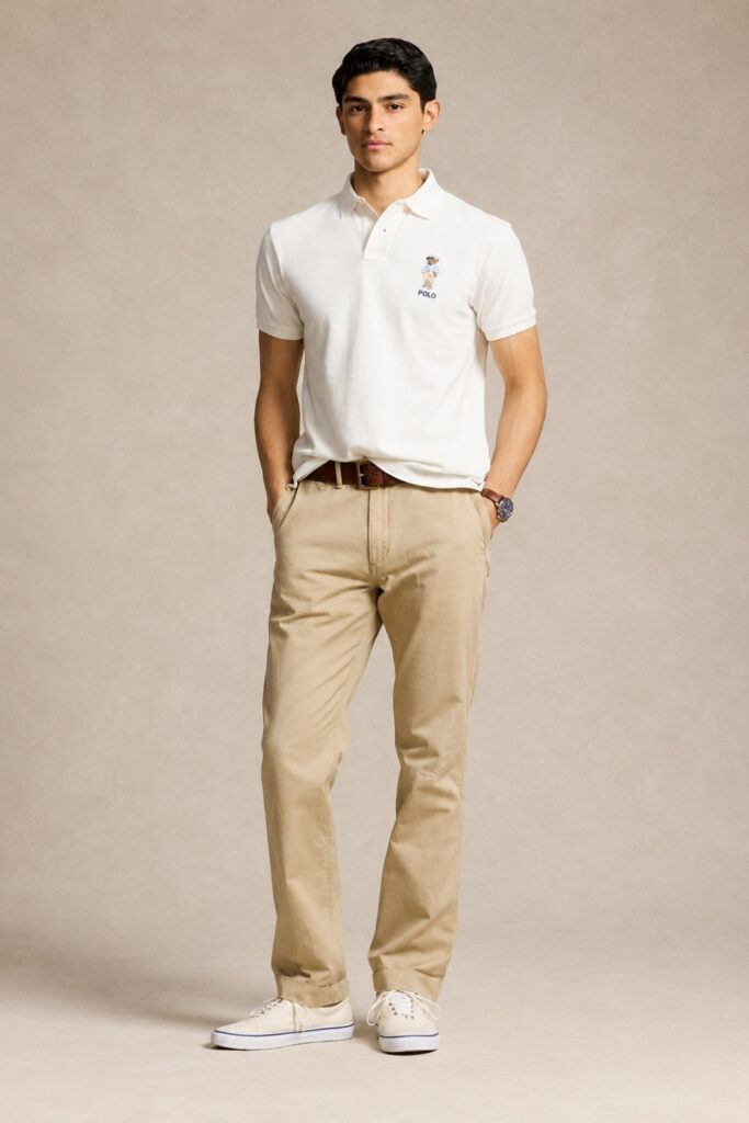 Khaki pants with a white polo t-shirt