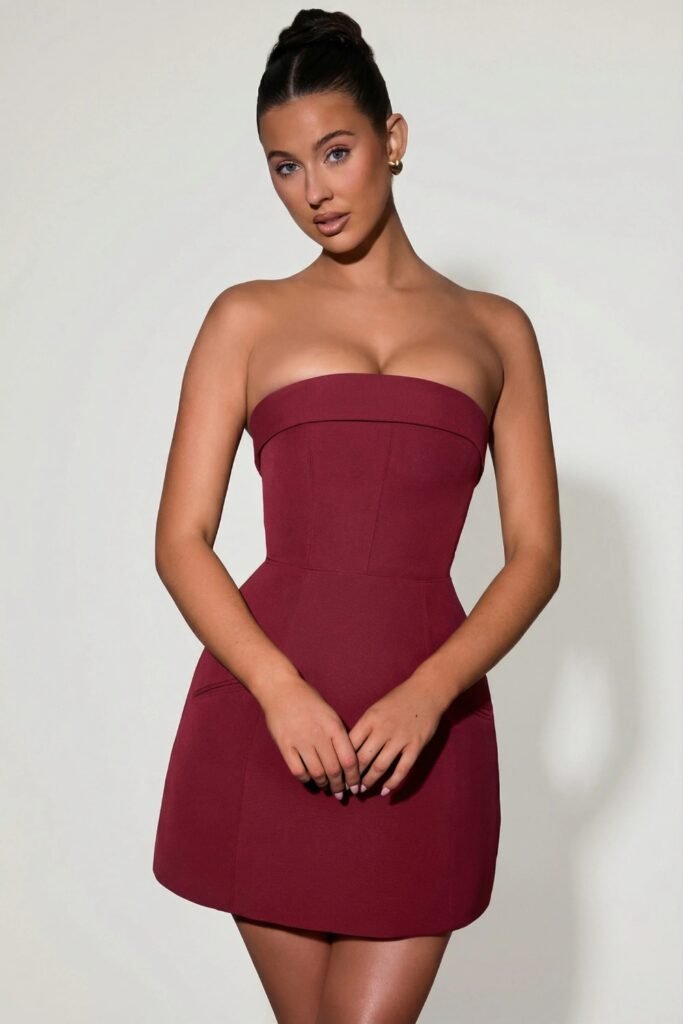 Woman in a wine-coloured bandeau mini dress