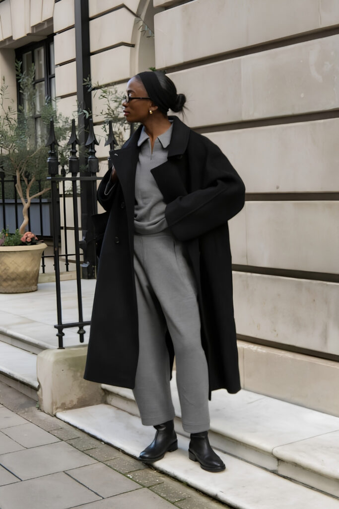 Airport outfit: Winter Airport Outfit: Wool Coat over Knit Set