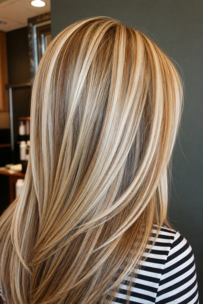 Back view of straight honey blonde hair with dimensional lowlights