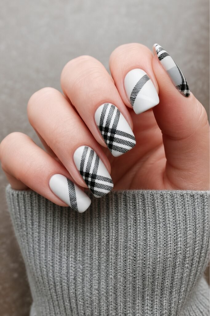 Short white nails with grey plaid accent nails