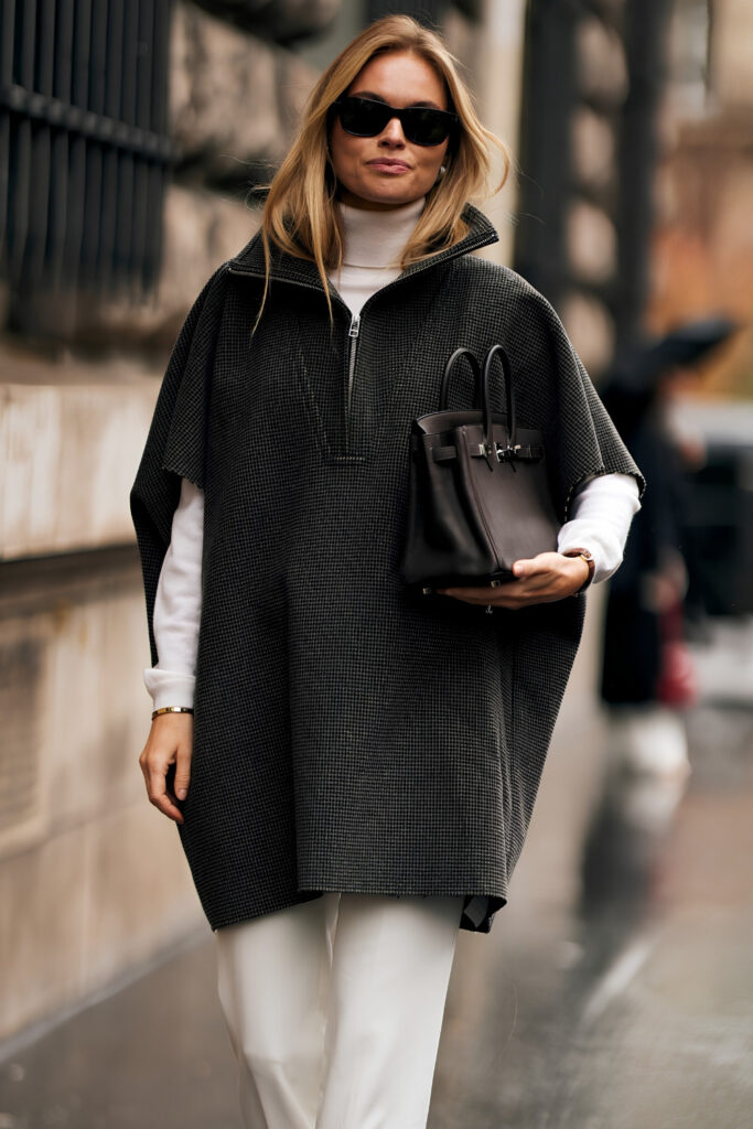 Wool Cape over Tailored Trousers