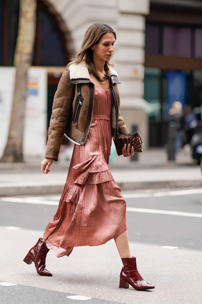Airport outfit: Wrap Dress with a Structured Bag and Block-Heel Boots