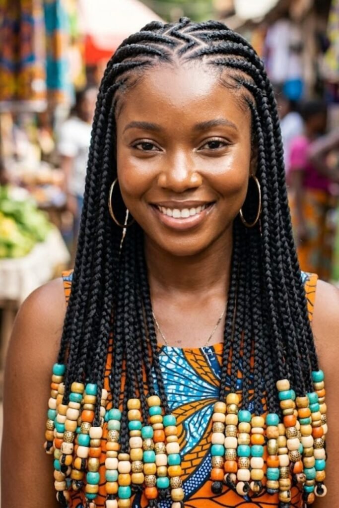 Zigzag Parted Dookie Braids with Beads