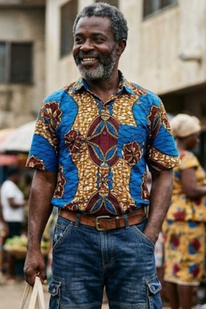 African Print Shirt Tucked into Dark Denim Shorts