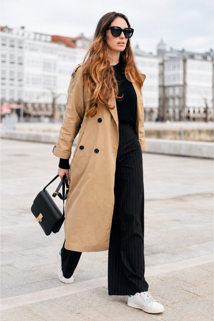 Beige Trench Coat with Black Wide-Leg Pants