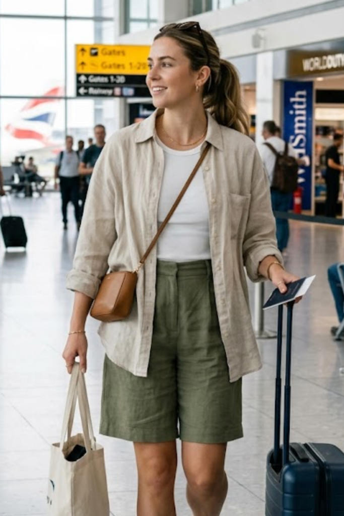 Bermuda Shorts with an Oversized Linen Shirt