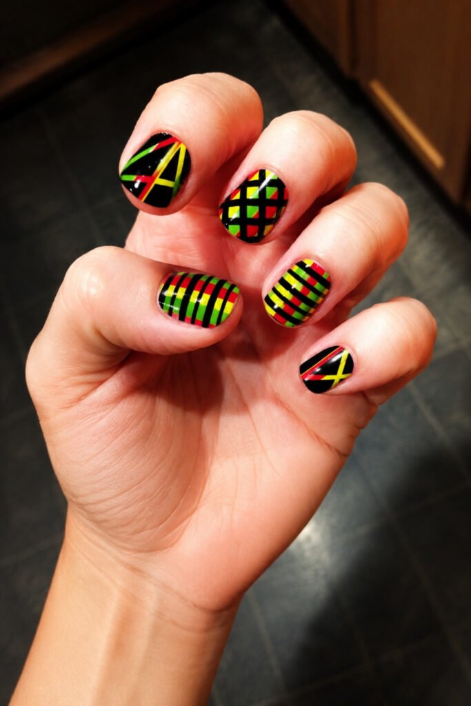 Black Base with Red and Green Geometric Accents