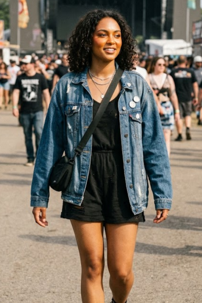 Black Romper with a Denim Jacket and Combat Boots