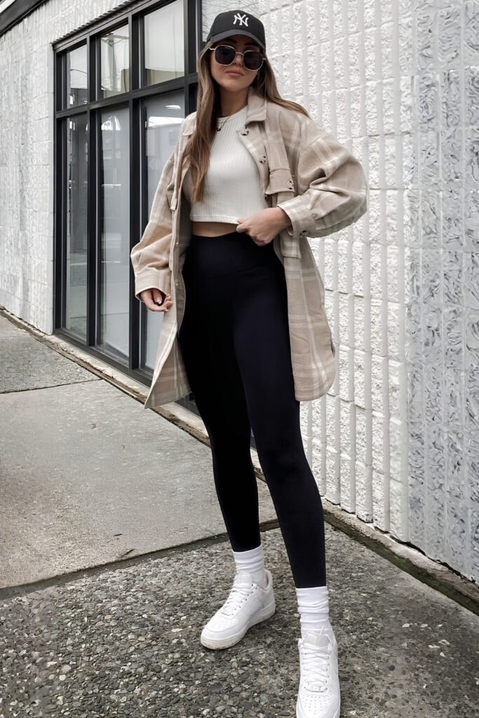 Blazer Layered over Leggings with White Sneakers