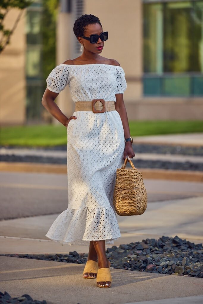Broderie Anglaise Maxi Dress with White Trainers