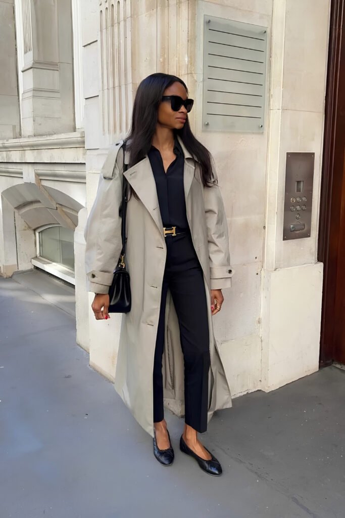 Camel Trench over a Deep Navy Set