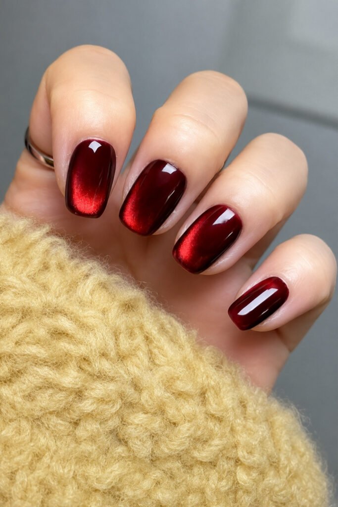 Short dark cherry cat eye nails with a metallic band of light