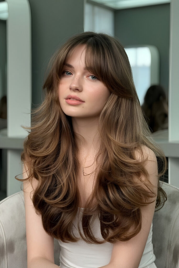 Chestnut Layered Haircut with Curtain Bangs