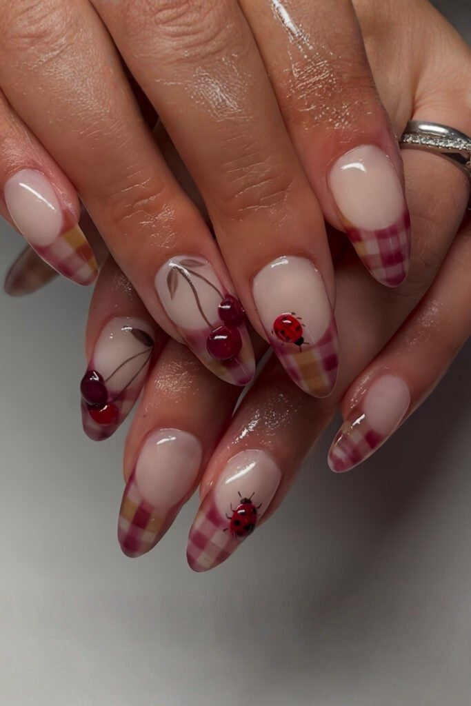 Sheer nails framed with red floral borders