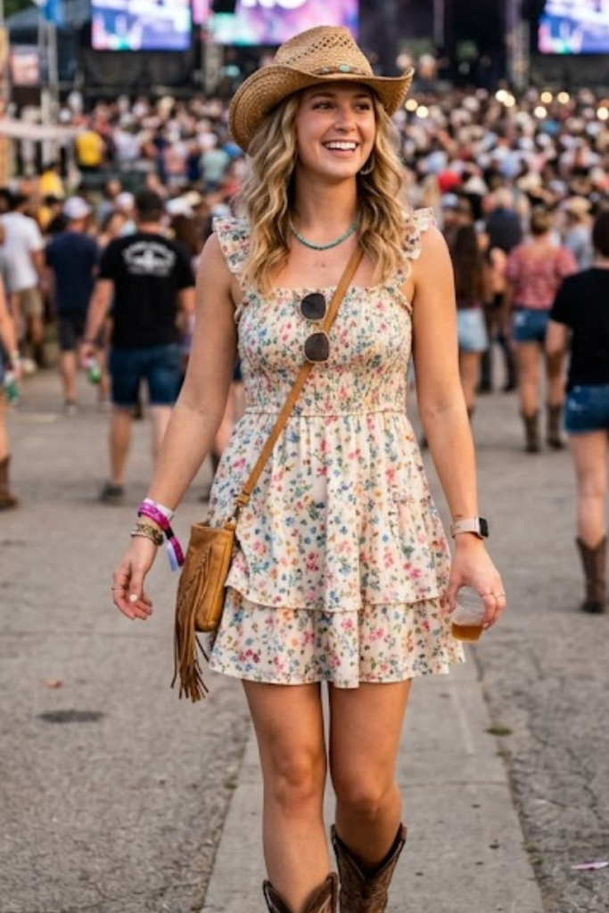 Floral Mini Dress with Cowboy Boots
