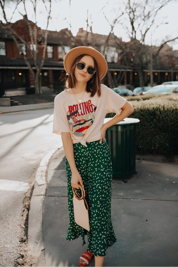 Flowy Midi Skirt With Graphic Tee