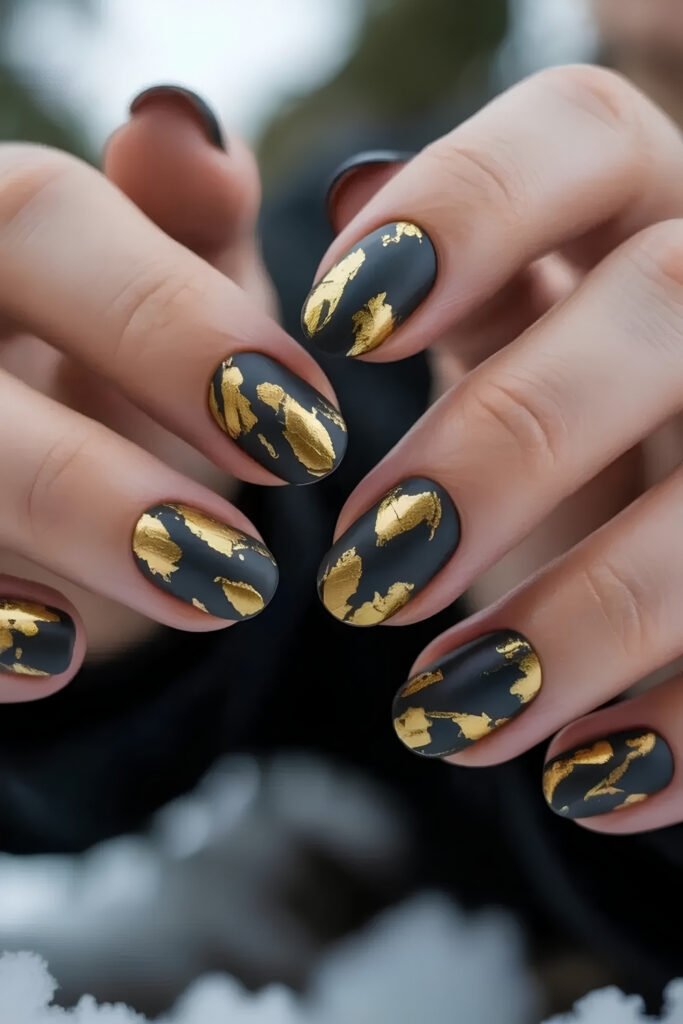Gold Foil and Matte Black Juneteenth Nails