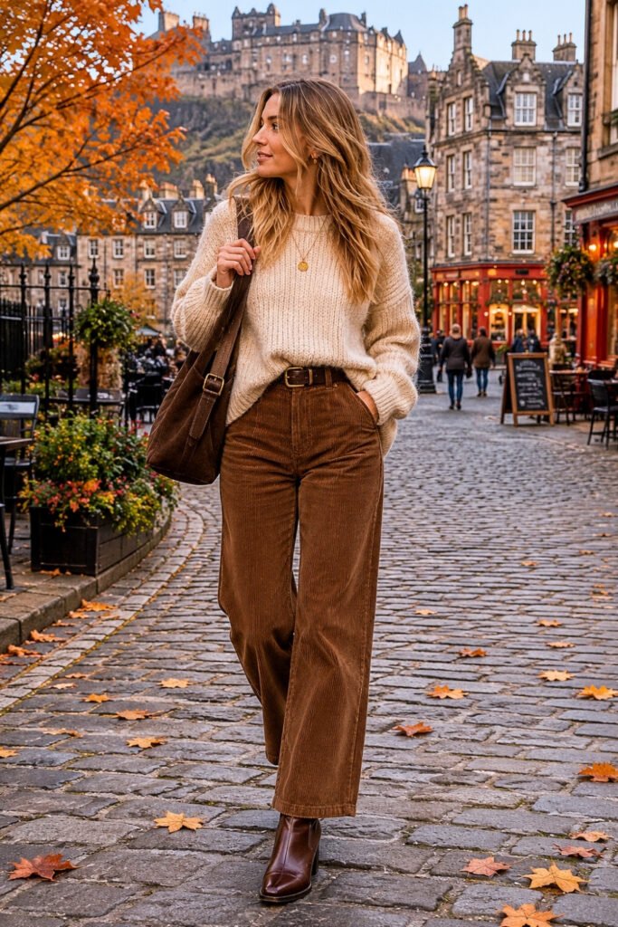 Woman in a cream knit and cord trousers on a cobbled street