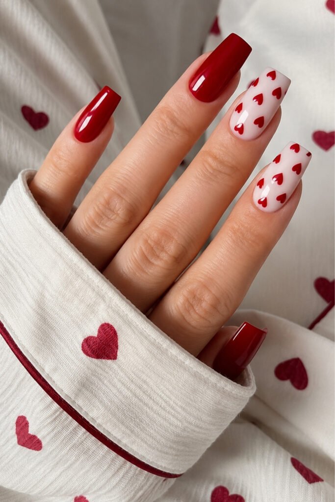 Cherry red nails with pale heart-print accent nails and a heart-print sleeve