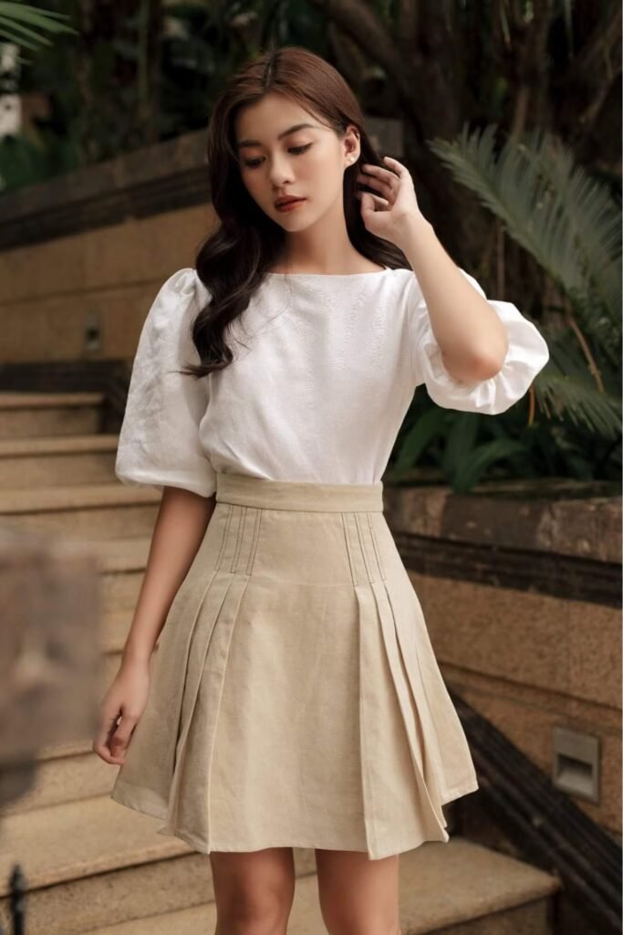 Linen A-Line Mini Skirt With Tucked-In Shirt
