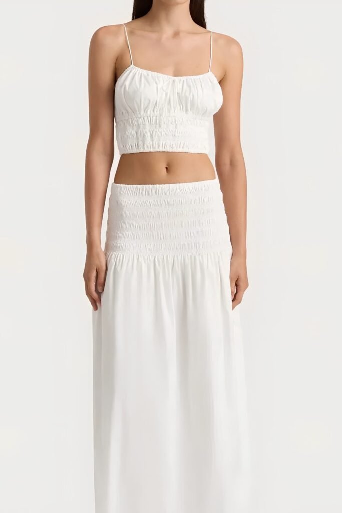 Linen High-Waisted Midi Skirt With Cropped Camisole