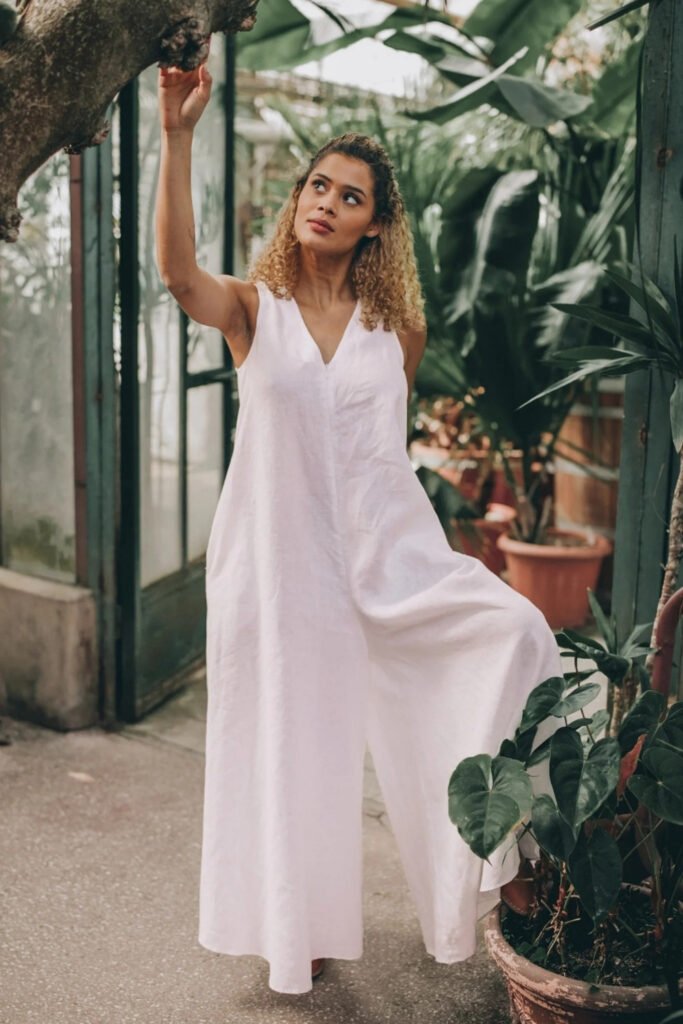 Linen Jumpsuit with Slip-On Mules