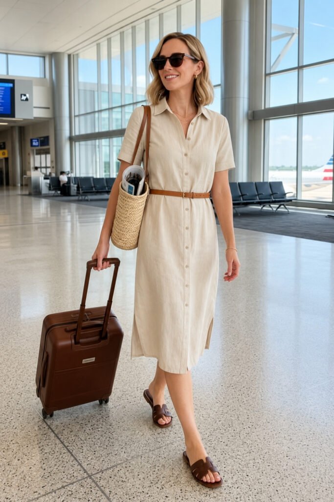 Linen Shirt Dress with Flat Sandals