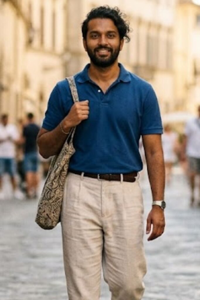 Linen Trousers and Jewel-Tone Polo