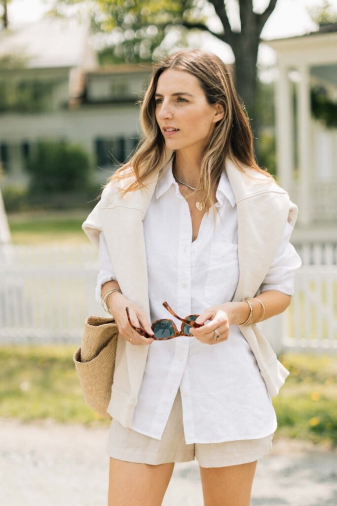 Linen Wide-Leg Shorts with a Linen Button Shirt
