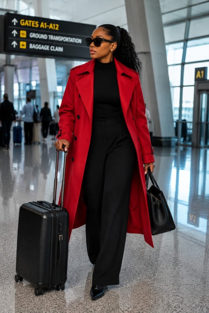Lipstick Red Trench over an All-Black Outfit