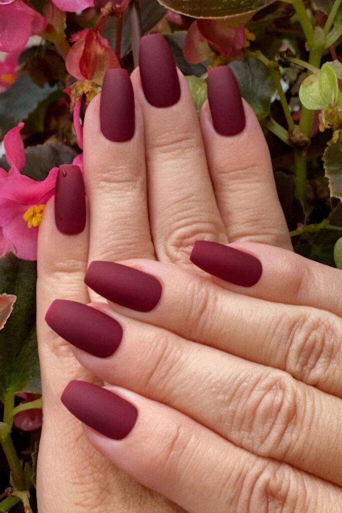 Dark matte cherry red nails held in front of flowers