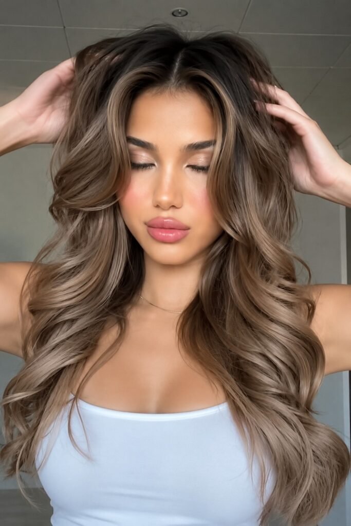 Muted Rose Brunette with Curtain Bangs