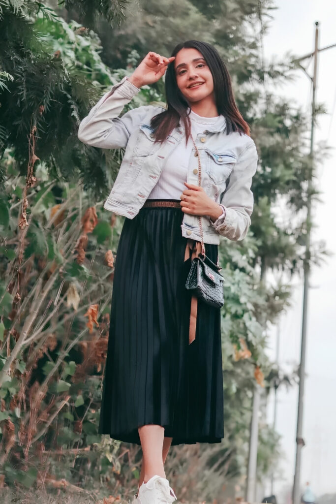 Neutral Cape with a Midi Skirt and Pointed Flats