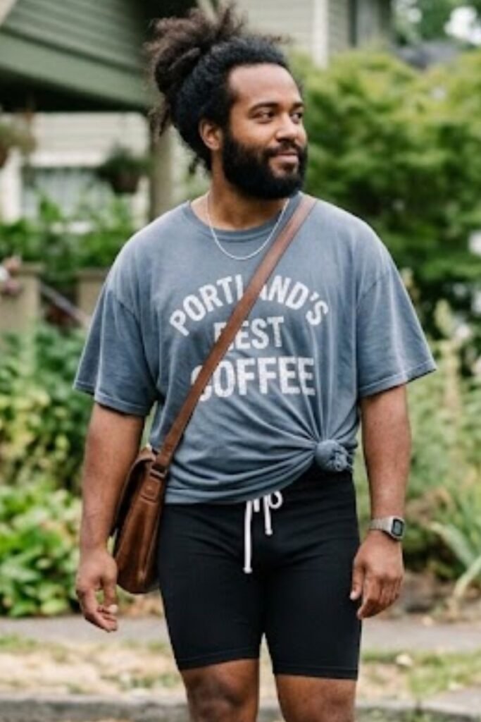 Oversized Tee Knotted Over Bike Shorts