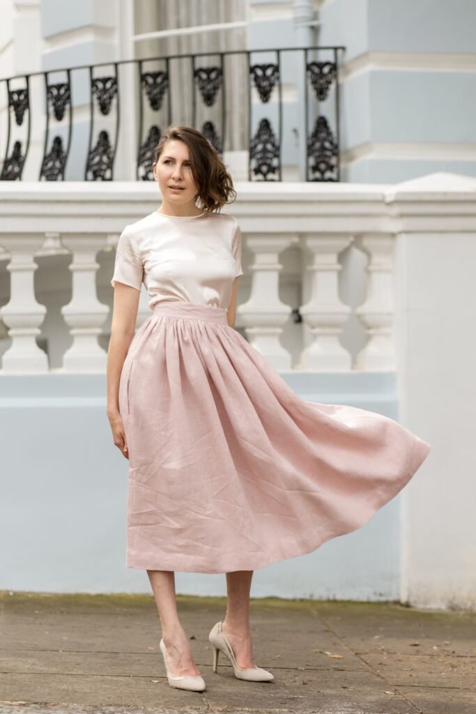 Pastel Cotton Midi Skirt With Linen Shirt